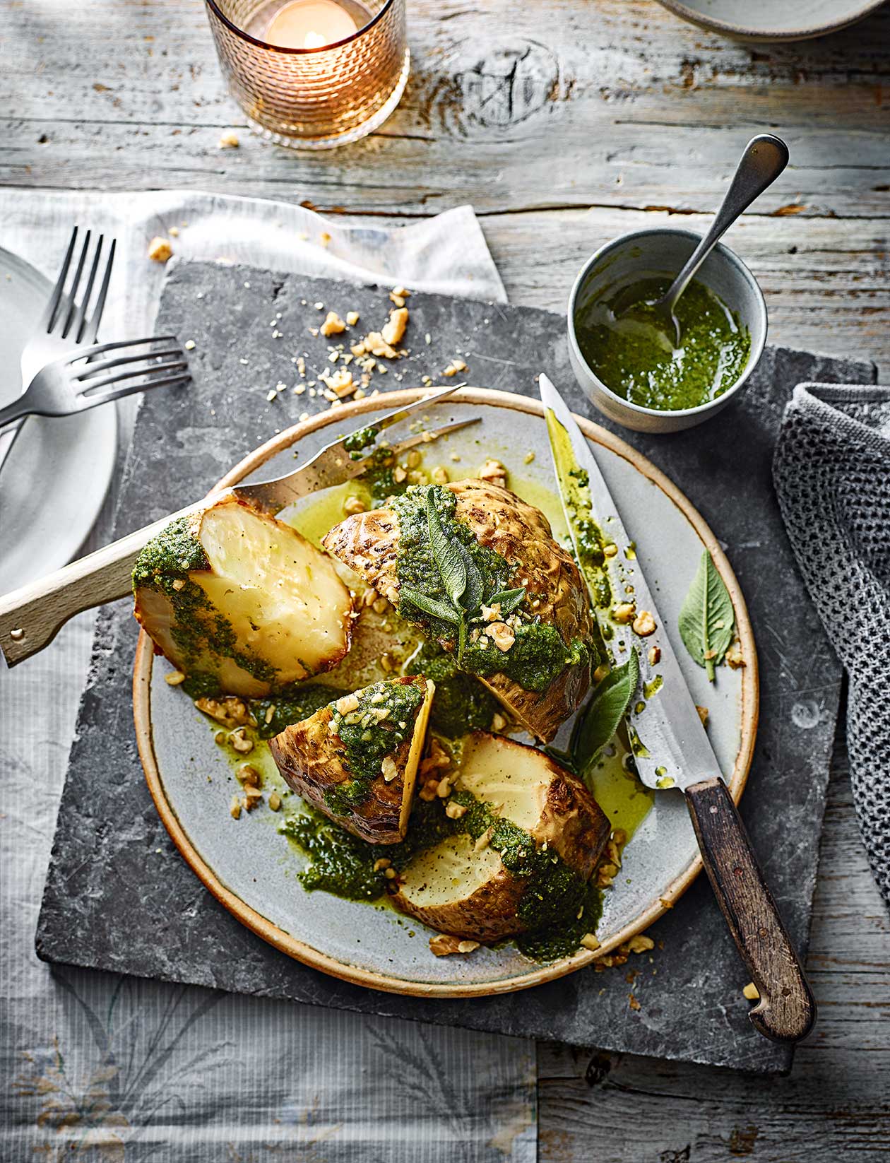 Whole roast celeriac with sage and walnut pesto recipe Sainsbury`s